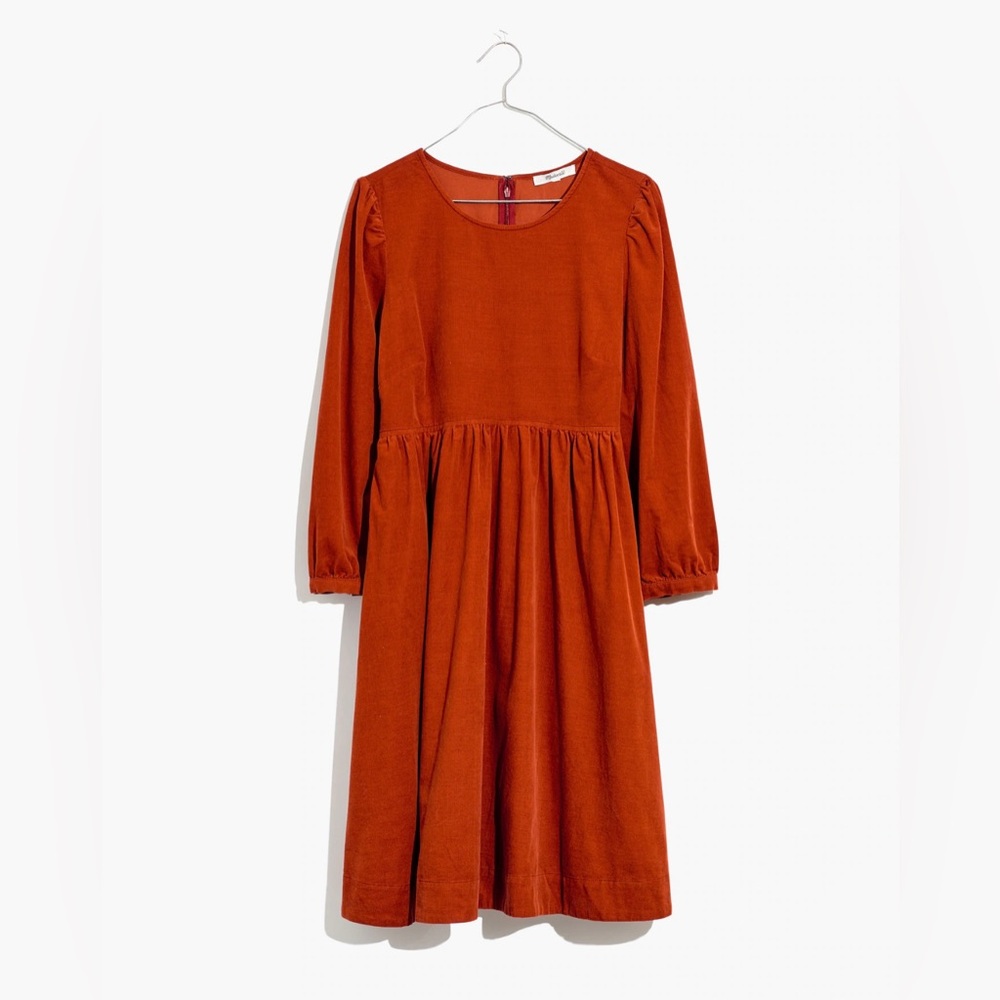 Madewell // Corduroy Puff-Sleeve Mini Dress in Faded Rust - Picture 4 of 9